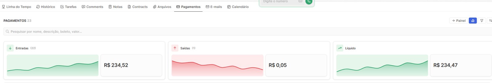 Ficha de uma empresa no CRM com as abas linha do tempo, histórico, tarefas, comentários, notas, contratos, arquivos, pagamentos, e-mails e calendário, e o resumo de entradas, saídas e líquido.