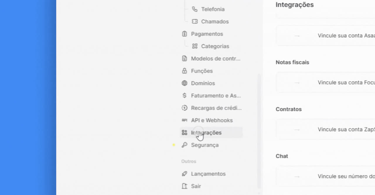 Gravação de tela do menu de configurações do CRM abrindo a área de integrações, com as opções de conta bancária, notas fiscais, contratos e chat.