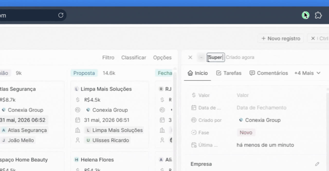 Gravação de tela do funil de oportunidades em kanban, com as etapas Proposta e Fechado, e a criação de uma oportunidade no painel lateral.