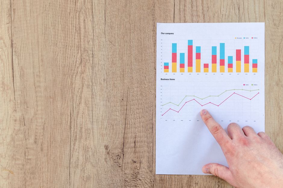 Mão analisando gráficos de negócios em uma mesa de madeira, focando nos resultados de dados e na análise de crescimento.